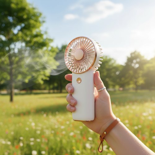 Handheld mini fan being held outdoors on a sunny day