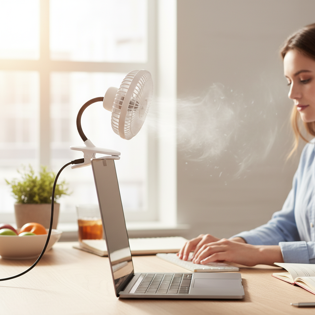Clip-on USB fan attached to a desk or laptop screen