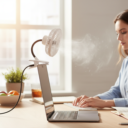 Clip-on USB fan attached to a desk or laptop screen